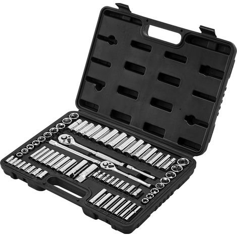 Mophorn Jeu de douilles SAE et métriques, profondes et standards, ensemble de 69 pièces avec clés à cliquet de 9,5 mm et 6,4 mm, accessoires et étui, fabriqué en acier allié CR-V (1/5)