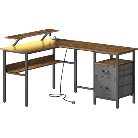 Bureau en l avec multiprise bureau d’angle bureau informatique avec rehausseur d’écran bureau gaming led 2 tiroirs 2 ports USB facile à monter pour bureau marron
