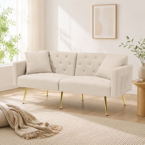 Sofá de 2 plazas de terciopelo beige con respaldo reclinable en 3 posiciones y patas metálicas (1/5)