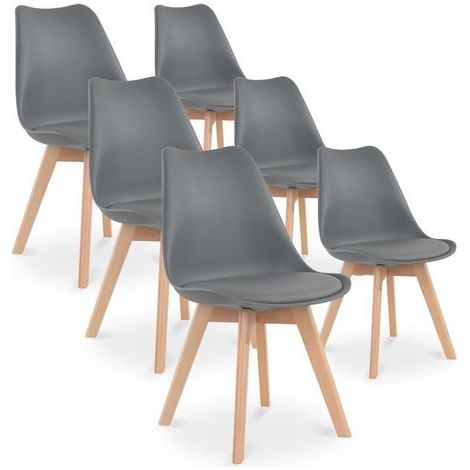 Hobag – Lot de 6 chaises scandinaves en gris – Pieds en bois – Largeur d'assise 43cm – Profondeur d'assise 42cm – Hauteur d'assise 45cm