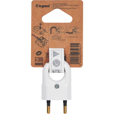 Legrand - Fiche plate mâle sans terre plastique - Avec anneau extraction - Blanc (1/3)