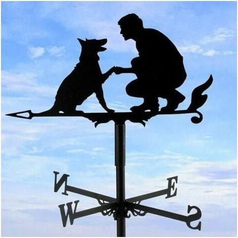 Weather vane with wind direction indicator, man and dog, hollow-carved design, stainless steel, wind direction, black, for garden, yard, roof MUMU (1/4)