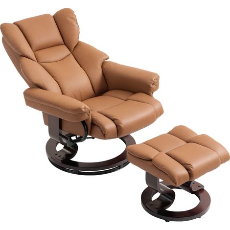 Faux Lear Reclining Chair and Footstool - Brown (1/5)