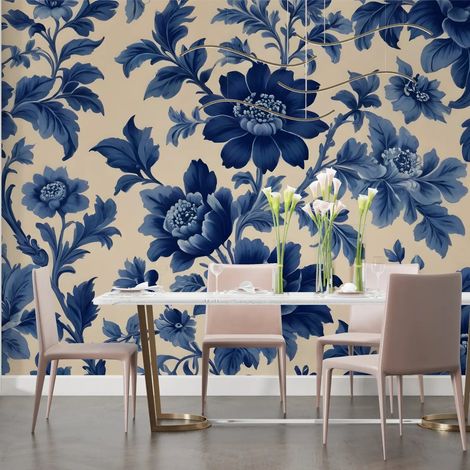 Papier peint floral pivoines bleues sur beige 1 - 150 x 250 cm (1/2)