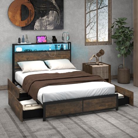 Lit Double Industriel pour Adulte avec 4 Tiroirs et Tête de Lit Lumineuse LED Cadre de Lit avec Prise de Courant (1/3)