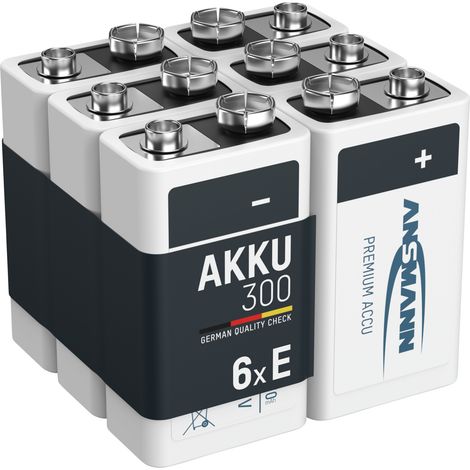 ANSMANN Akku 9V 300mAh E-Block NiMH 1,2V – 1000x wiederaufladbar (6 Stück)