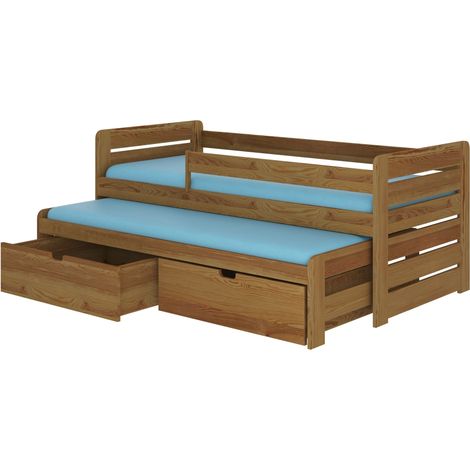 Lit gigogne bois oak 2 couchages 90x200 avec 2 coffres de rangement Solale (1/5)