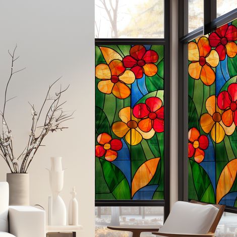 Stickers décoratifs électrostatique, fleurs mix, effet vitrail, 150 cm X 67,5 cm (1/5)