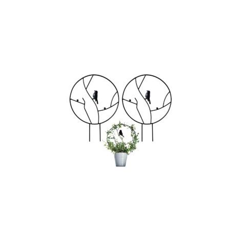 Lot de 2 treillis de jardin en fer pour plantes grimpantes, petit treillis antirouille de 40,6 cm pour plantes d'intérieur en pot, treillis rond avec oiseau – Noir (1/4)