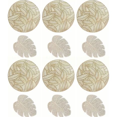 Set aus Platzsets und Untersetzern mit Hohlraumisolierung, bestehend aus 6 runden Platzsets und 6 blattförmigen Untersetzern, goldfarben. (1/5)