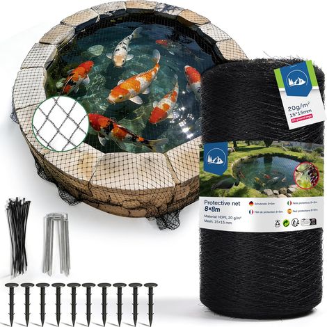 Filet Anti-Oiseaux pour Bassin 8×8m, à Mailles Fines (15×15mm), Anti-Feuilles, 20g/m², Tressé à 3 Brins, avec 20 Piquets de Fixation et 30 Serre-Câbles, pour Jardin et Potager (64m² - 8x8m) (1/5)