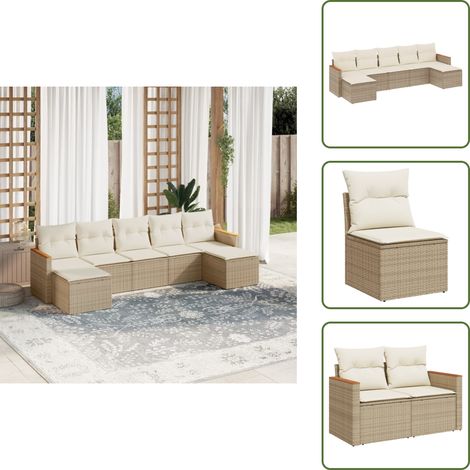 7-tlg. Garten-Sofagarnitur mit Kissen Beige Poly Rattan - Gartensorgsatz - Outdoor-Lounge - Gartenmöbelset - Rattanmöbel - Polyethylen-Rattan (1/5)