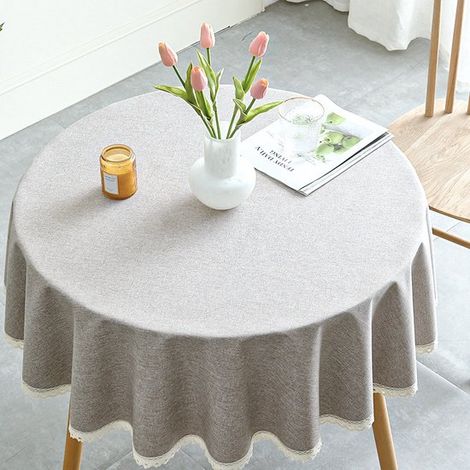 Nappe ronde en toile cirée lavable, infroissable et résistante aux taches, en film TPU lin, idéale pour les repas de famille, les fêtes, les restaurants et les pique-niques - Bordure gris-blanc chanvr (1/3)