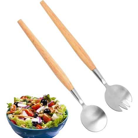 Set di cucchiaio e forchetta da insalata in acciaio inox, manico in legno, forchetta da insalata, utensili da cucina, per cucine e sale da pranzo, set da 2 pezzi, 28 cm. (1/5)
