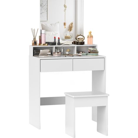 Tavolo da Trucco con Specchio, 3 Ripiani, 2 Cassetti e Sgabello, in Legno, 75x38x135 cm, Bianco