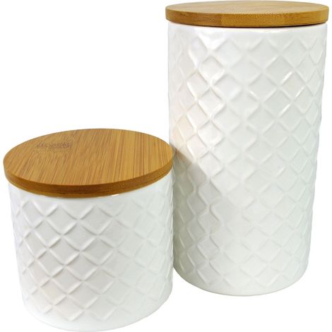 Set of Two Ceramic Jars Embossed Cream Canisters with Lids (1/5)