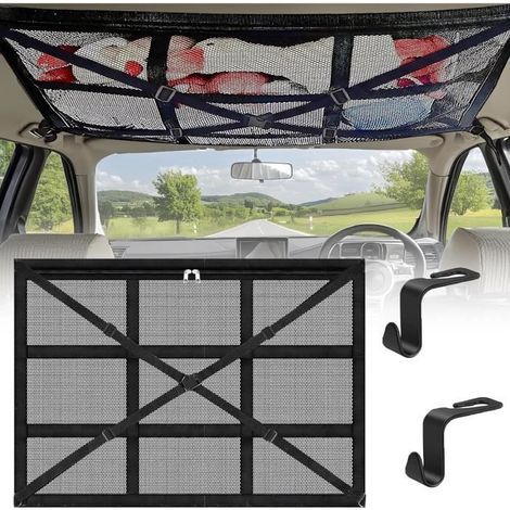 Filet Rangement Voiture 87cmx62cm, Multifonctionnel Filet Voiture Rangement avec 2 Crochet de Siège Auto, Filet de Rangement (1/4)