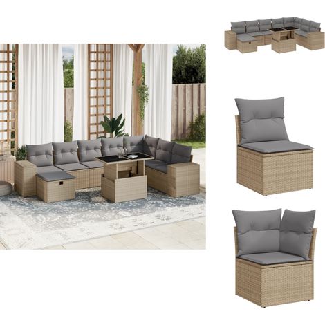 Salon de jardin avec coussins 9 pcs beige résine tressée - Ensemble Salon De Jardin - Mobilier De Jardin - Canapé D'angle - Canapé Centre - Chaise Longue (1/5)