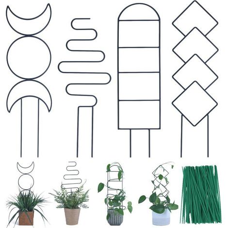 BelleRise - Petit treillis métallique de 40 cm (16 pouces) pour plantes d'intérieur, avec un ensemble de 4 supports aux motifs différents. (1/5)