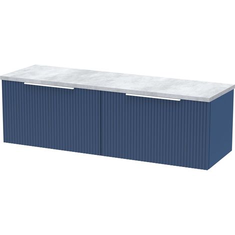 Tixall Fluted 2 Drawer Wall Hung Vanity Unit with Laminate Worktop, Satin Blue, 1200mm
