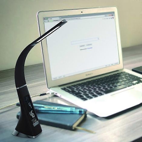 Lampe de bureau LED effet cuir avec variateur, écran LCD, réveil et calendrier, neuve, pour extérieur, en silicone, ABS, alimentation USB, orientable, 30,7 x 19,5 x 7,5 cm, 931 g (1/3)