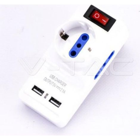 Adaptador de regleta V-TAC con 2 enchufes (1 frontal + Schuko con interruptor) y 2 enchufes USB de 16 A.