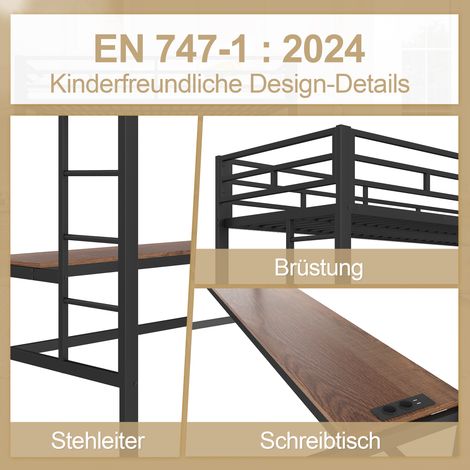 Lit surélevé 90x200 cm avec garde-corps, échelle, bureau avec chargeurs USB et prises, lumière LED pilotable via appli, certifié EN747, sans sommier ni matelas, structure en acier noir. (1/5)