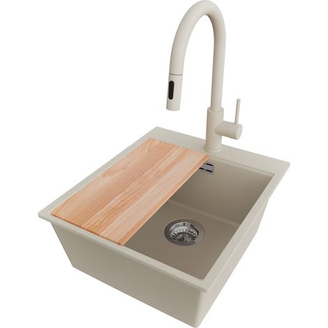 PRIMAGRAN Evier Cuisine en Granit 43x50cm,Lavabo 1 bac + Robinet 40x20cm + Kit de Vidage + Planche à Découper, Évier à Encastrer au meuble 45cm - Oslo, Beige (1/5)