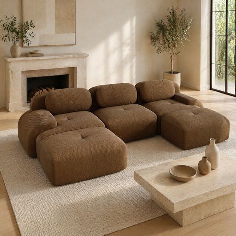 Sofá esquinero modular 298/178/75 cm de pana marrón, sin montaje, con base antideslizante (1/5)