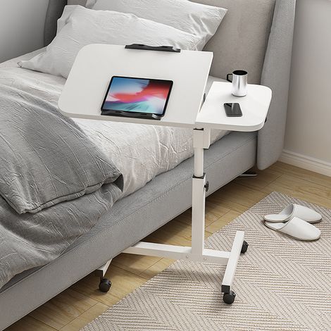 Table de lit réglable avec roulettes, support inclinable pour ordinateur portable, table de lit médicale, plateau - Blanc (1/5)