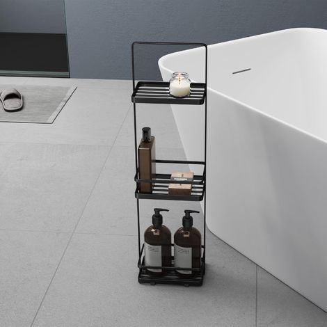 Mai & Mai Scaffale da Bagno di 3 Livelli 18x12.5x67.3cm, Scaffale Portaoggetti in Metallo Robusto con 4 Piedini Antiscivolo per Doccia, Nero, Reglo-02