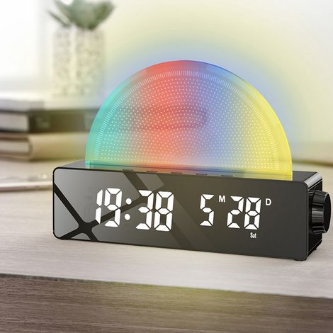 Reloj despertador digital con simulador de amanecer, iluminación LED ambiental, función de memoria, pila CR2032. (1/4)