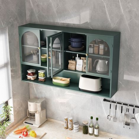 Mobile contenitore da parete 120 x 23 x 70 cm, 4 ante in vetro e metallo, verde scuro HAVRYA (1/5)