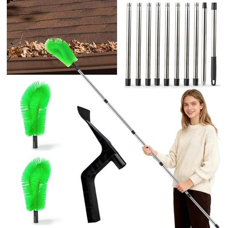 Kit nettoyeur de gouttière télescopique 390cm, 10 perches, 2 brosses, 1 pelle, pour feuilles, fenêtres, tuyaux de descente, toits (1/5)