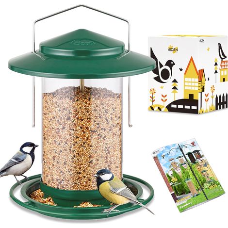 iBorn Bird Feeder, Metal Hanging Bird Feeder with Bird House, Bird Feeder with Food Tray, 6 Feeding Holes, 18cm Roof Weatherproof (1/5)