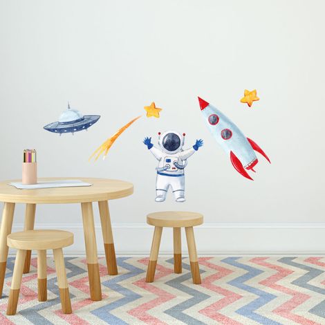 Sticker Autocollant Décoratif Chambre Enfant 68x24cm - Astronaute Fusée Mars Aquarel - Décoration Murale Originale. (1/2)