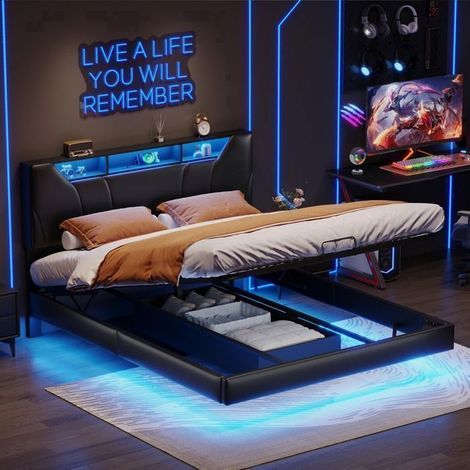 Bettkasten 160x200 cm - TANANT - schwarzes PU - integrierte LED - praktische Aufbewahrung - modernes Design