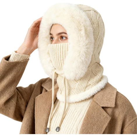 Strickmütze Damen 3-in-1 mit Fleecefutter & Sturmhaube Beige