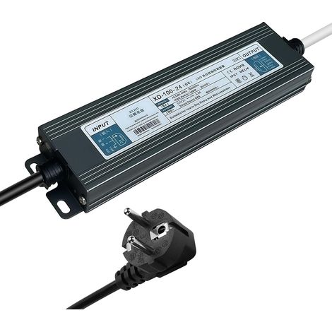 Transformateur LED 24 V 100 W : transformateur étanche pour extérieur avec prise, IP67, alimentation LED 4,2 A, convertisseur AC 230 V vers DC 24 V pour rubans LED, spots et bandes lumineuses. (1/5)