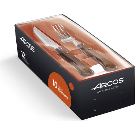 Arcos Set di Posate per Tavola in Acciaio Inossidabile – 6 Coltelli da Bistecca e 6 Forchette con Manico in Legno di Faggio – Marrone, Serie Mesa (1/5)