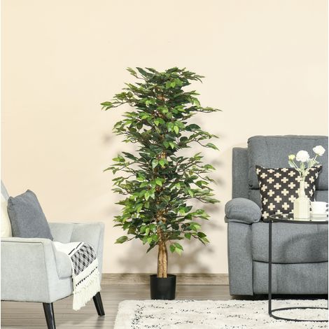 Ficus artificiale 150 cm in plastica, verde, per interno ed esterno, con vaso nero DESVIAE (1/5)