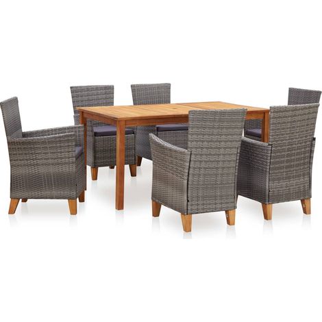7-tlg. Garten-Essgruppe Poly Rattan und Massivholz Akazie Grau (1/5)