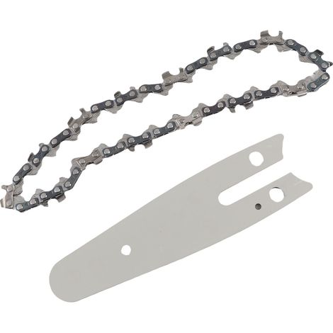 Barra guía en miniatura fabricada en acero al manganeso de alta dureza, de corte limpio, para motosierra, de 10 cm (4 pulgadas) con cadena de 6,35 mm (1/4 de pulgada) y 28 eslabones. (1/5)