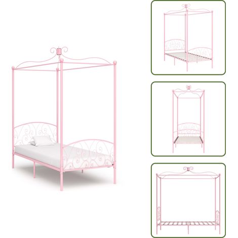 The Living Store Letto a Baldacchino Rosa in Metallo 100x200 cm - Letto in metallo