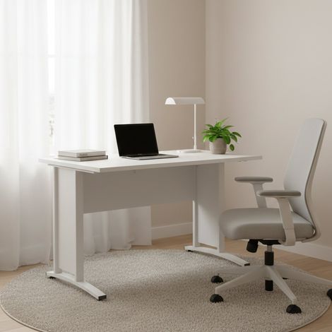 Bureau Amigos, Passe-câbles, Plateau en Bois Melaminé, 80x120x74.5h cm Blanc (1/5)