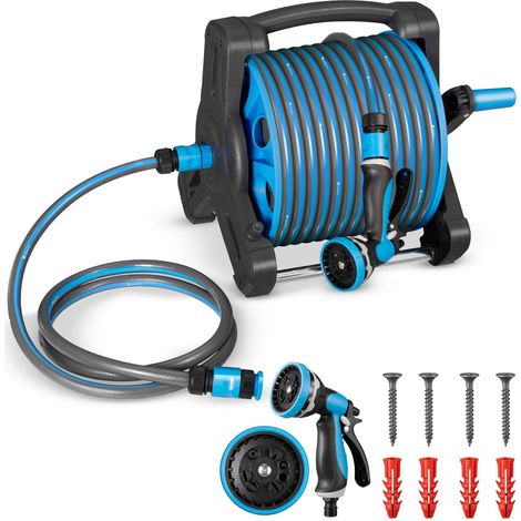 Juskys Schlauchtrommel mit 30 m Wasserschlauch und Multifunktionsbrause - Mobiler Schlauchaufroller mit Wandhalterung, Düse – Blau Grau (1/5)