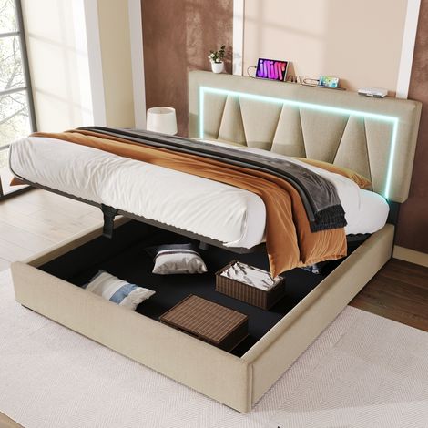 Lit coffre 140x200 avec LED et Rangement sous Sommier, Lit Double Capitonné avec Port USB et Type C, Tête de Lit Réglable, Tissu Lin Gris/Beige (1/5)