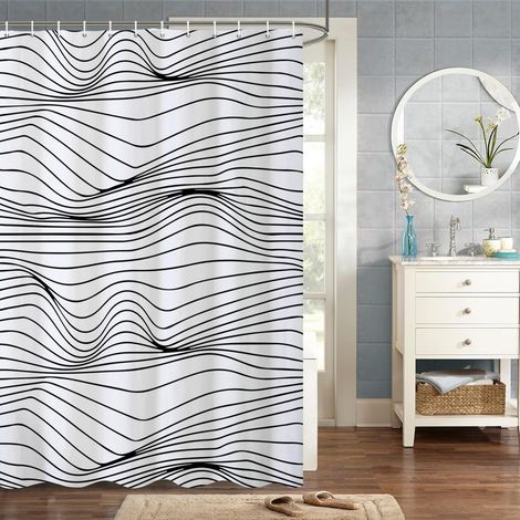 140x180cm L'Abstraction Moderne Rideau De Douche Noir et Blanc Dessin Au Trait Entrelacé Rideau De Douche pour Salle De Bain Tissu Polyester Imperméable Ensemble avec Crochets (1/4)