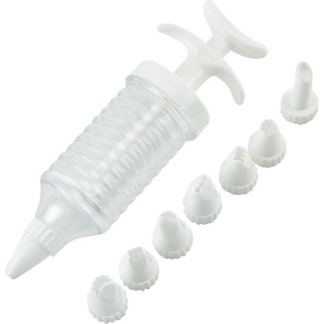 1 lot de douilles blanches avec seringue, 8 buses en plastique pour pâtisserie, glaçage, pâtisserie, outils de décoration, ustensiles de cuisine et gadgets (1/5)