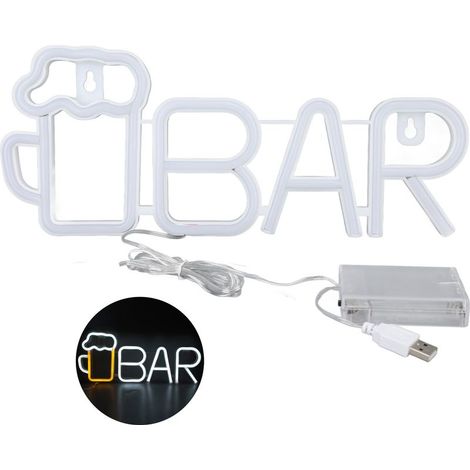 veilleuse-Enseigne Neon LED BAR et Chope de Bière - Pour Bar, Décoration Murale ou Table - USB ou Batteries - PVC/ABS - Blanc/Jaune (1 Pièce) (1/5)